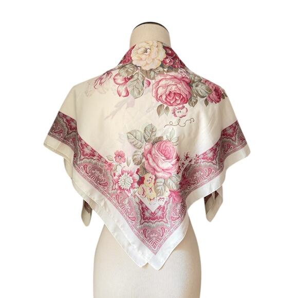 Vintage Romantic Scarf Cabbage Roses Cream Pink Florals Cotton Silk ? 30 x 31 - Picture 7 of 7